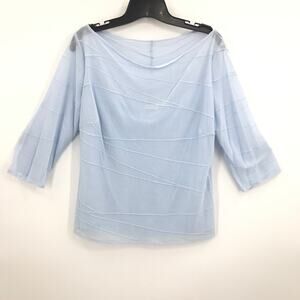Ronen Chen 3/4 Sleeve Sheer Blouse Top Boat Neck Straight Hem Blue Size 5 US 14
